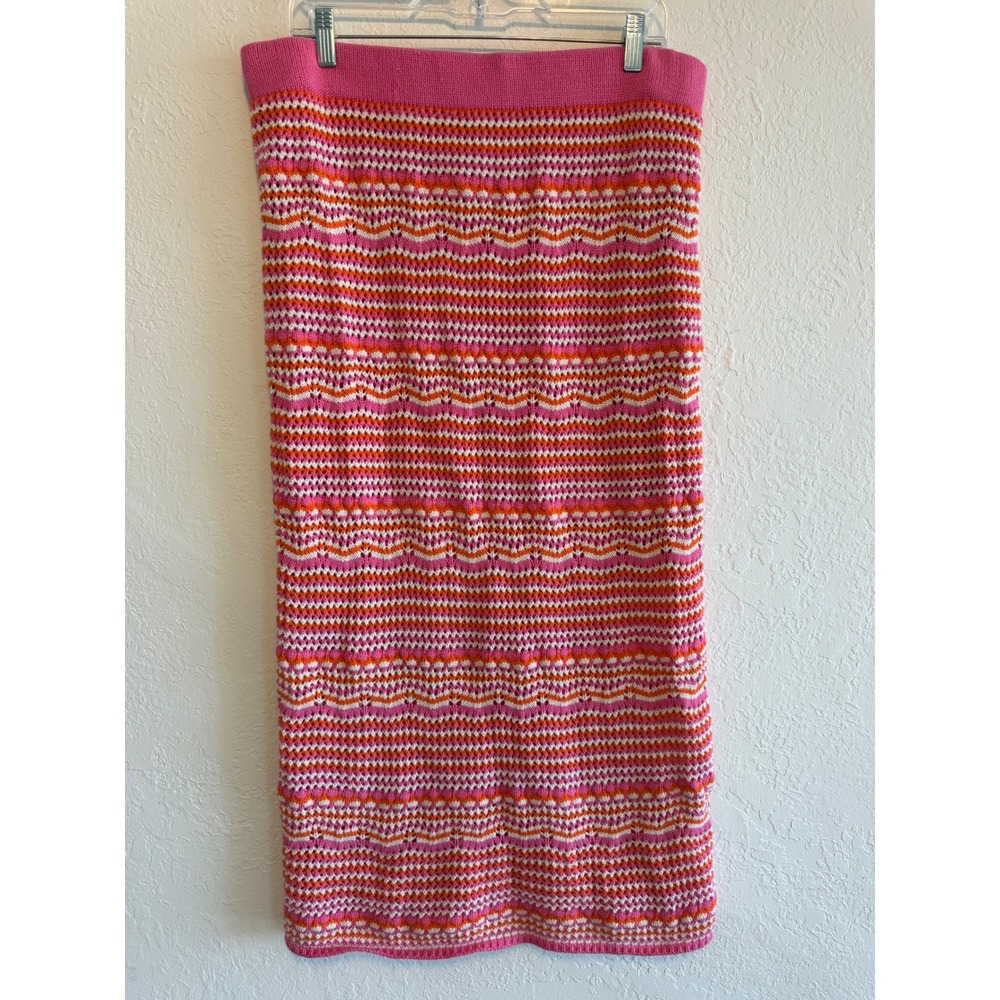 Haute Hippie Style Pink Orange Knit Chevron Midi Skirt XL Boho Straight Pencil